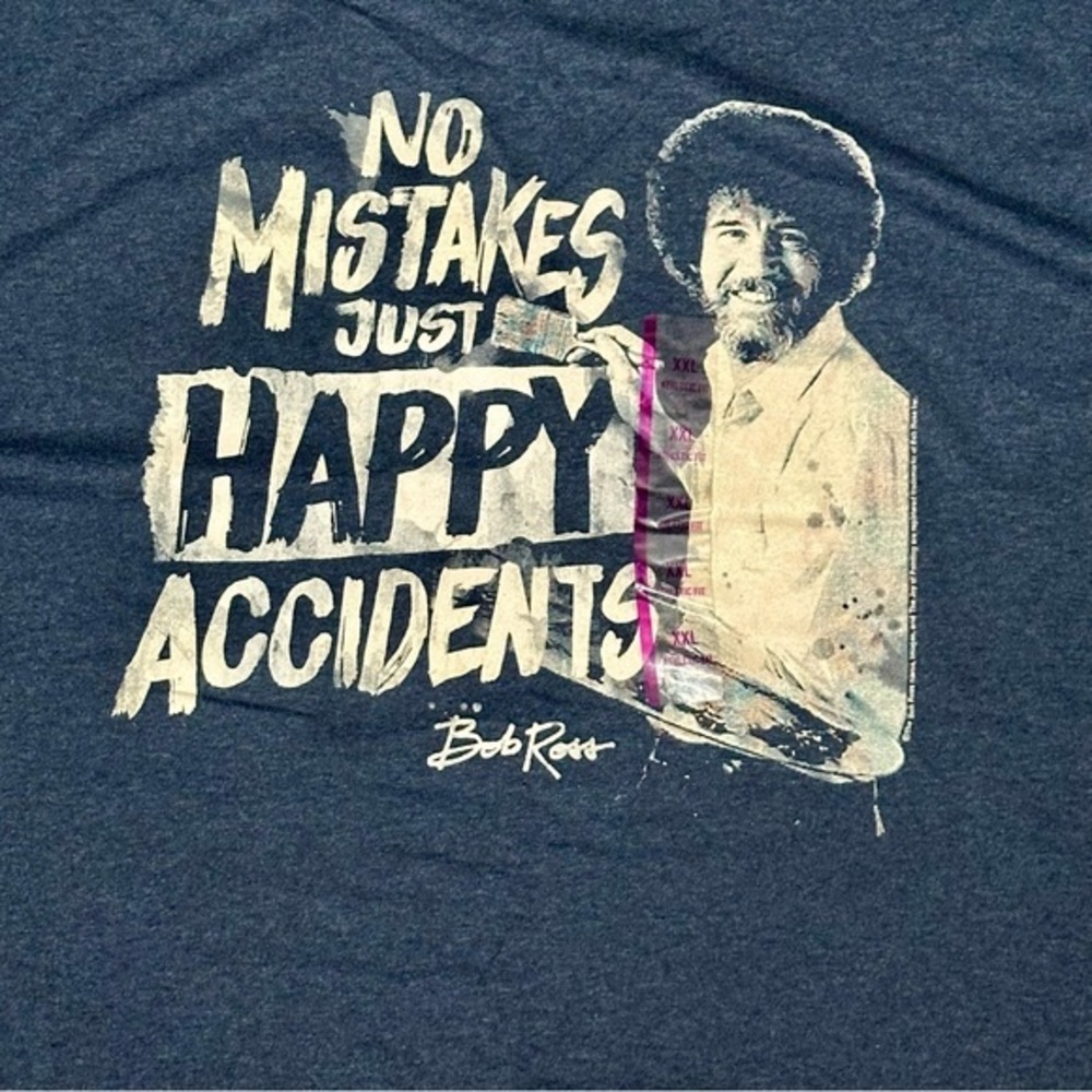 Painter Bob Ross Happy Accident Blue Gray Graphic Tee PBS Joy of Painting